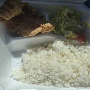 Rice, salad, and fried fish