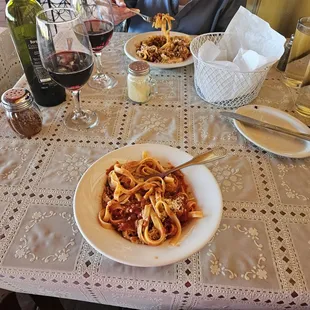 a plate of pasta and a glass of wine