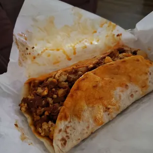 Full of flavor, good size. Egg, chorizo, papas, beans, bacon.. Glad I found a place close that has excellent breakfast burritos.
