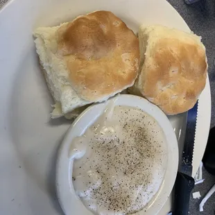 Biscuits and a side of pepper gravy.