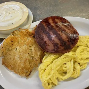 Fried Bologna &amp; Eggs, hash browns and gravy.