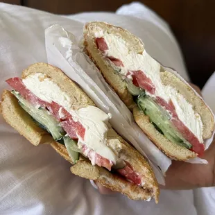 Cream cheese, tomato, and cucumber bagel