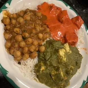 Butter chicken, palak paneer and channa masala