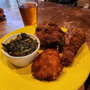Amazing fried chicken, potato cake, and greens.  The potato cake was ridiculous!