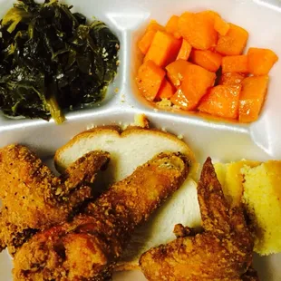 Fried chicken, yams, mixed greens.  Looks good even in styrofoam! @savorsouthmad #tasterace