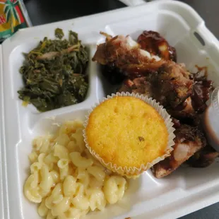 Thursday special - rib tips - with mixed greens, mac n cheese, and Tahitian treat fruit punch.