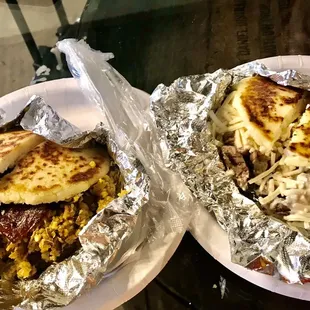 Lechona arepa and steak arepa