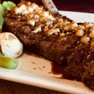 New York Strip topped with Gorgonzola with Mixed Vegetables and Parmesan Potatoes