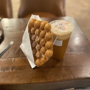 Bubble waffle and Thai Milk Tea