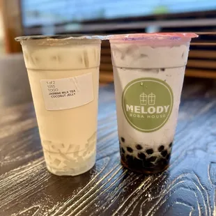 Taro w/boba and Jasmine milk tea w/coconut jelly