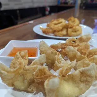 Fried calamari (back) cream cheese Rangoon (front)