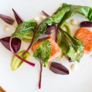 Confit Salmon with beets and their greens, herb puree, lemon aioli