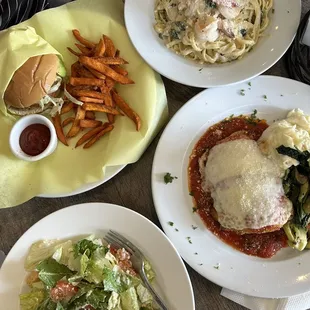 Crab Burger, Fettuccine Milano, Chicken Parmigiana