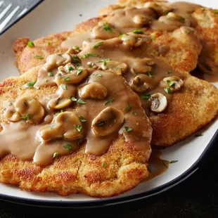 German Schnitzel with Mushroom Gravy, also known an Jaegerschnitzel