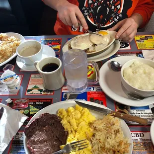 Pretzel sandwich, steak and eggs and country bowl