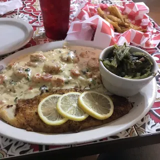 CAJUN GRILLED CATFISH WITH SHRIMP, CRAWFISH AND FETTUCCINE ALFREDO