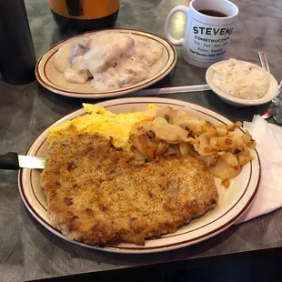 Chicken fried steak gravy on side, scrambled eggs, mels potatoes, biscuis and gravy, $10.99