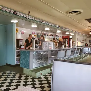 Front counter.  Classic 1950s style diner.