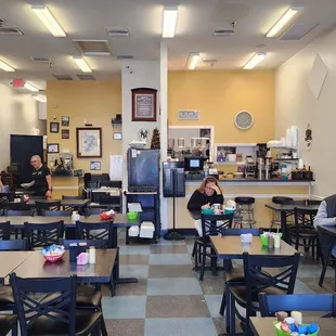 people sitting at tables in a restaurant