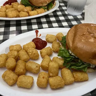 Cheese burger with Mayo with a side of tater tots.