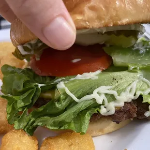 Cheese burger with Mayo with a side of tater tots