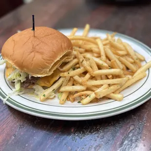 a hamburger and french fries