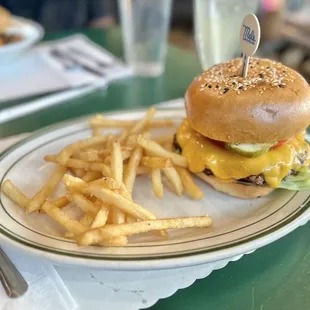 a cheeseburger and fries