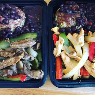 Chicken and beef fajitas with cilantro lime rice and black beans.