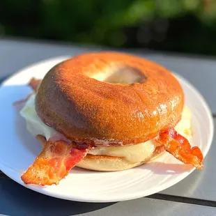 Bacon Egg and Cheese Bagel Breakfast Sandwich.