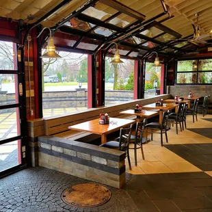 tables and benches in a restaurant