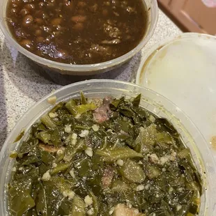 Side. Collard greens with meat and baked been with meat.
