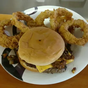 Yellow Jacket Burger with Hand Breaded Onion Rings