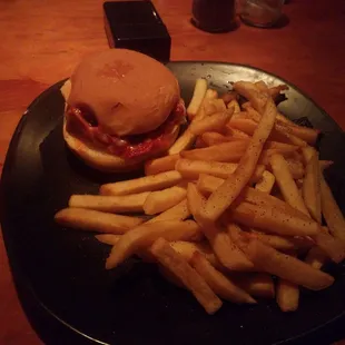 Pizza burger and fries