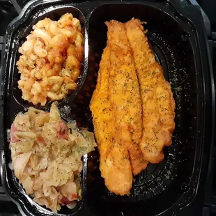 Fried catfish, cabbage, macaroni and cheese
