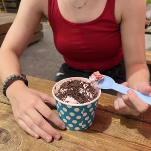 1 scoop cherry chocolate chip &amp; 1 scoop Zanzibar chocolate w/ marshmallow sauce and chocolate sprinkles