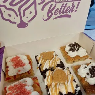 From left to right - Strawberry crunch, fluffernutter, chocolate chip crumb cake brownies