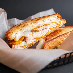 a grilled sandwich in a basket