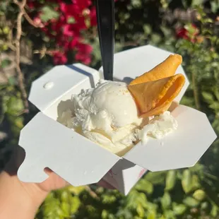 a hand holding a container of ice cream