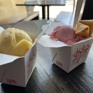 Mango sorbet and strawberry ice cream