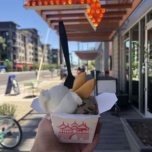 a hand holding a cup of ice cream