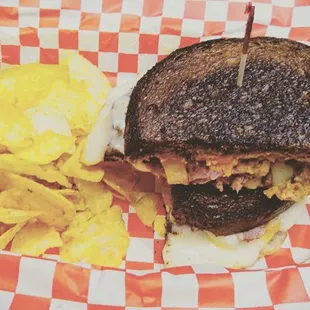 The Rube: Swiss, provolone, pastrami, gochujang mayo and PDX-made Choi napa cabbage kimchi on Portland French Bakery sourdough black rye.