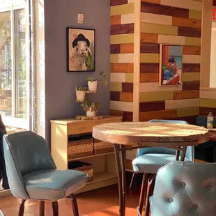 Cute seating near ceiling to floor windows