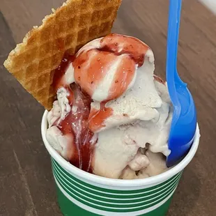 PB&amp;J ice cream with strawberry sauce and sugar cone chip