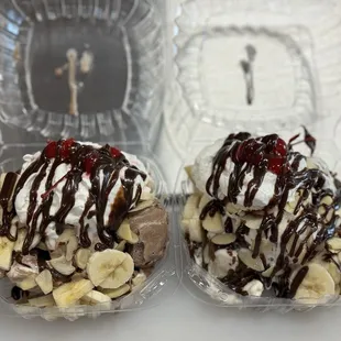 Double scoop topped with bananas, fudge, almonds, whipped cream, and cherries
