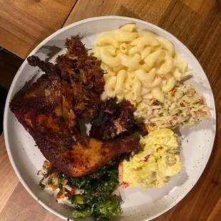 Cider brined chicken, pulled pork, white cheddar Mac, Sasquatch salad, an moms tater salad!! Yummm!!