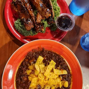 Rib tips and bowl of chili