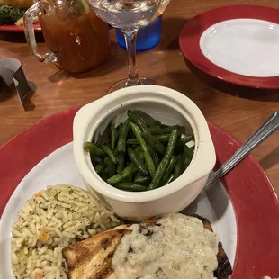 Salmon with rice pilaf and green beans