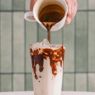 Espresso over chocolate and milk