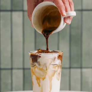 Espresso over milk and caramel