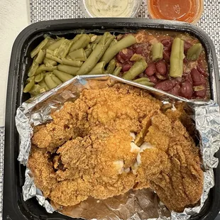 Catfish Filet Combo with red beans &amp; rice and green beans.